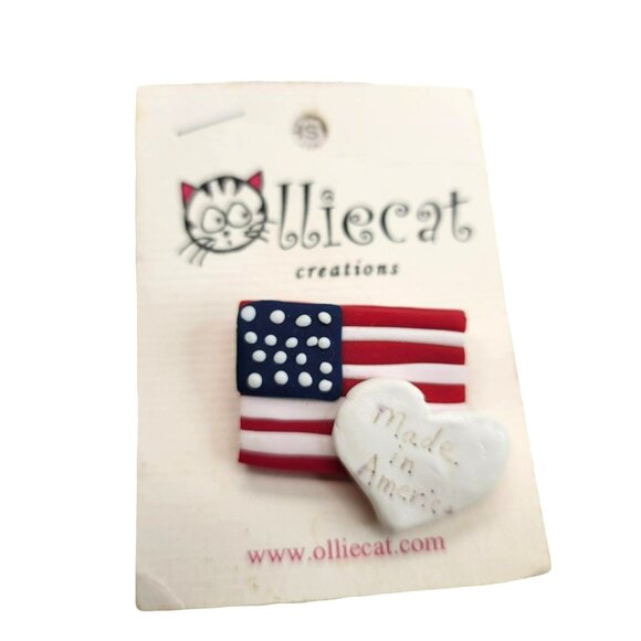 Flag & Heart Brooch Pin Olliecat Patriotic Handcrafted Clay Made in USA LI48 - Picture 2 of 4